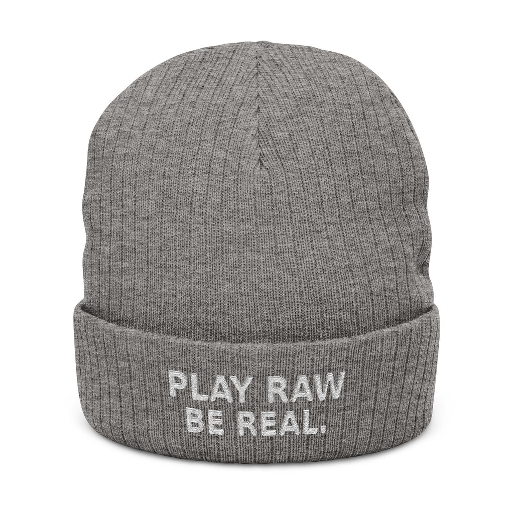 Embroidered 'Play Raw Be Real' Ribbed Knit Beanie