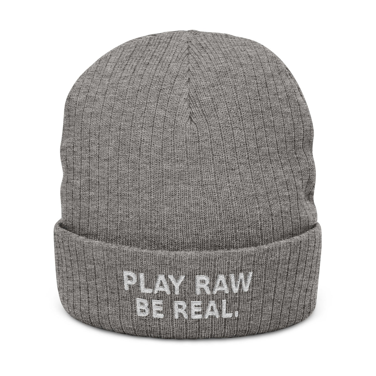 Embroidered 'Play Raw Be Real' Ribbed Knit Beanie