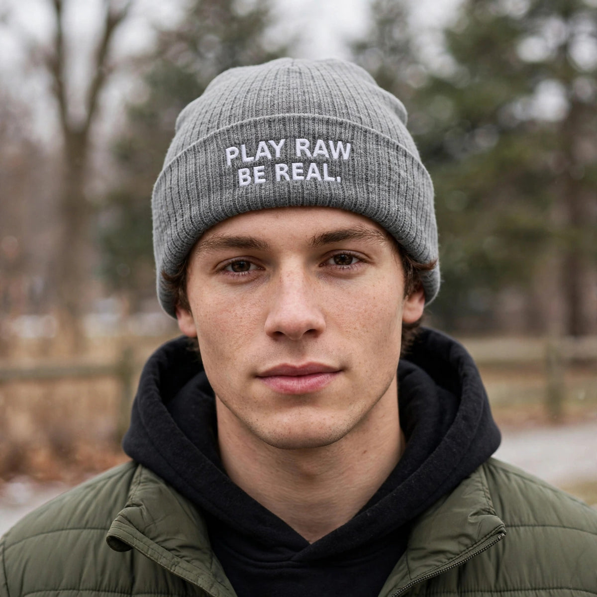 Embroidered 'Play Raw Be Real' Ribbed Knit Beanie